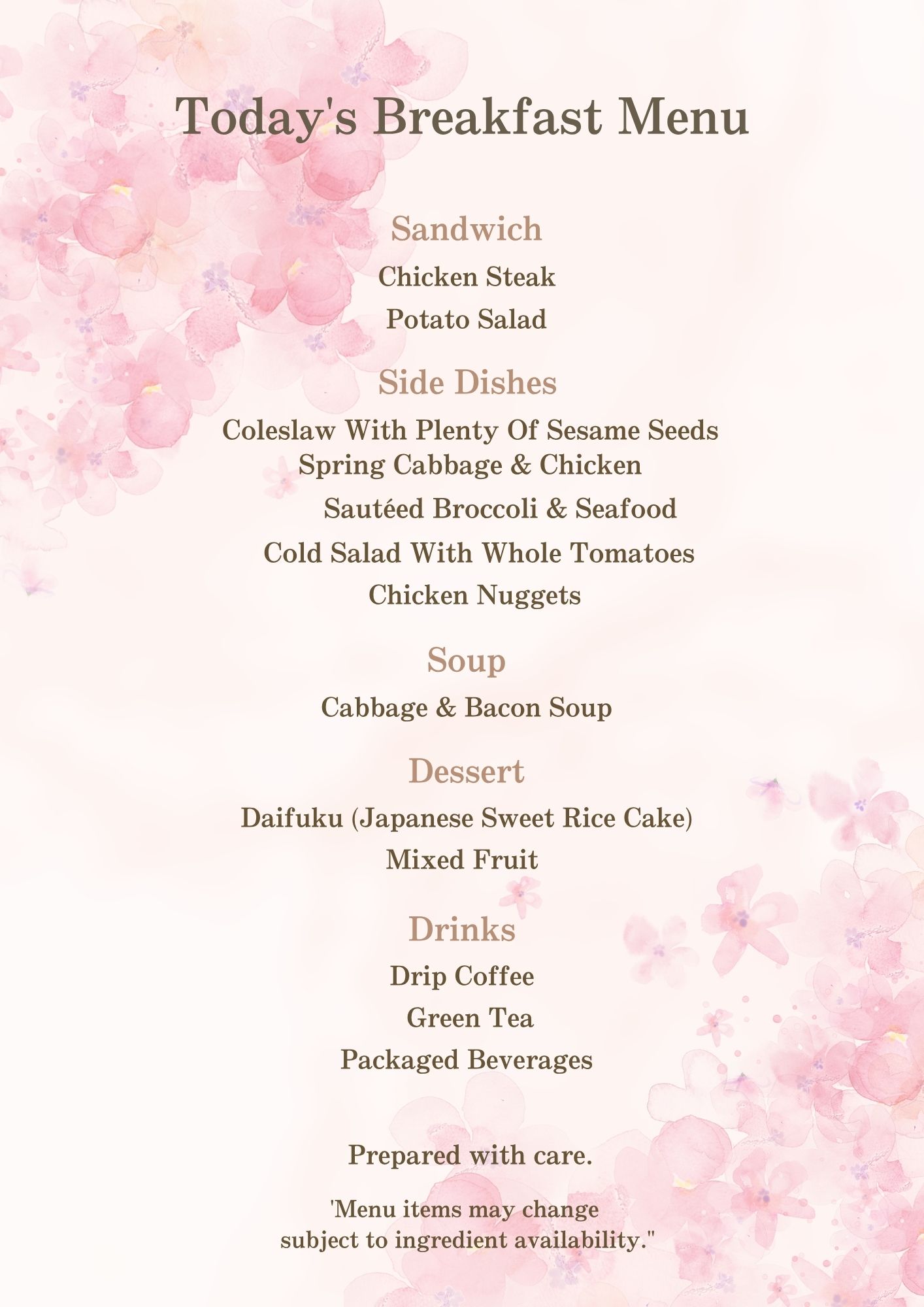 Breakfast menu example (Wednesday / Sunday) English